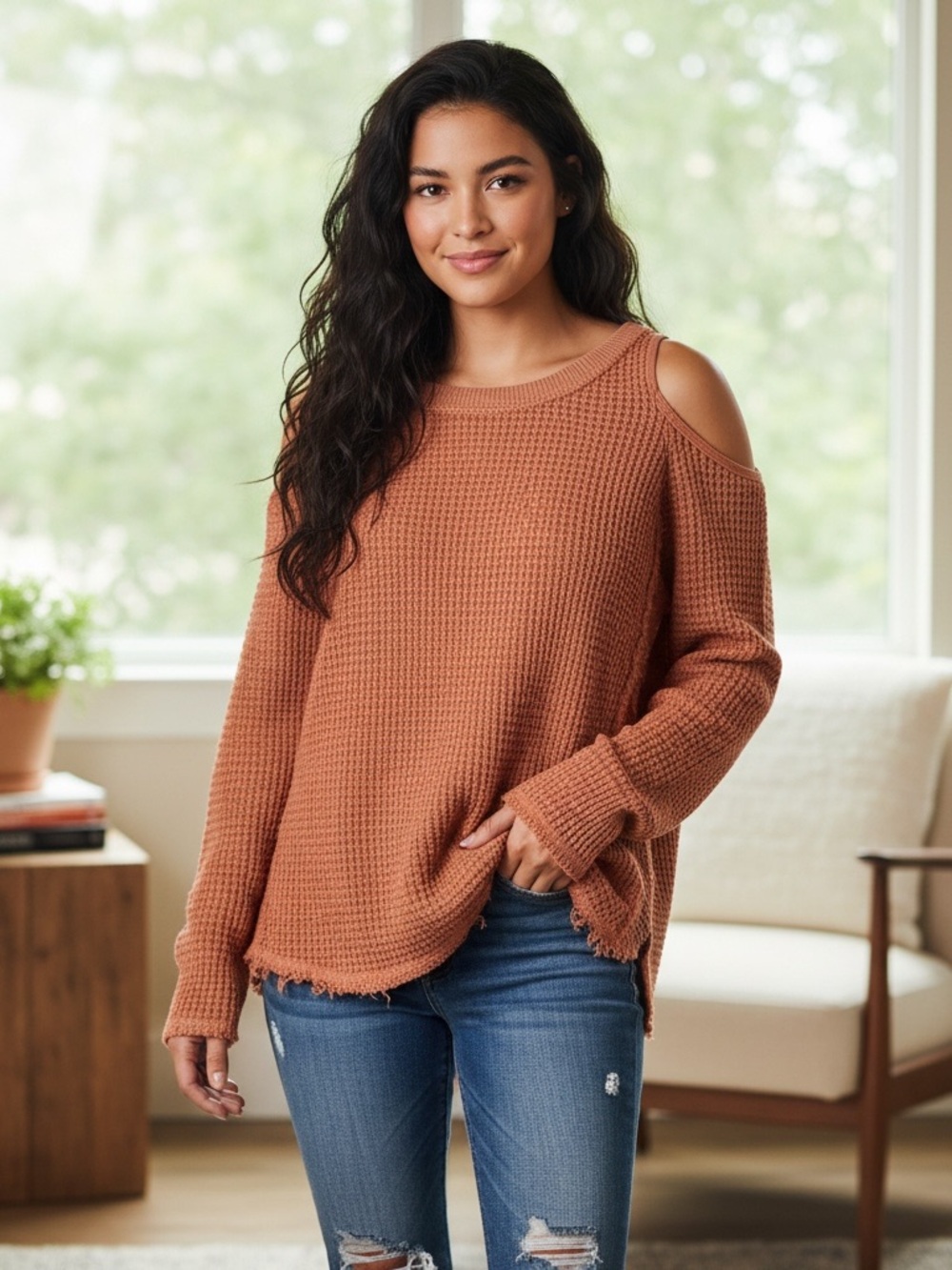 Free People Women  Sweater Brown Petite S waffle Knit Boho Cotton Beach Summer
